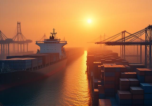 Cargo ship and shipping containers at an industrial port