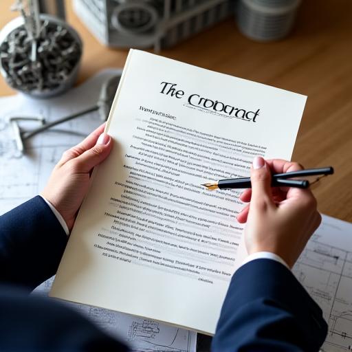 Legal professional reviewing a manufacturing contract with industrial blueprints in the background