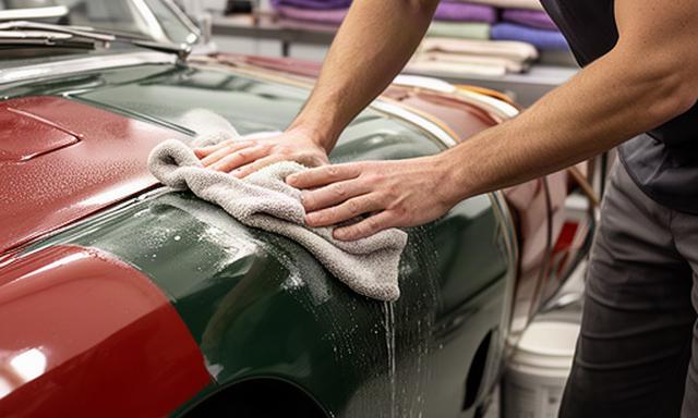 Rinseless preservation wash being applied to a vintage sports car with delicate single-stage paint